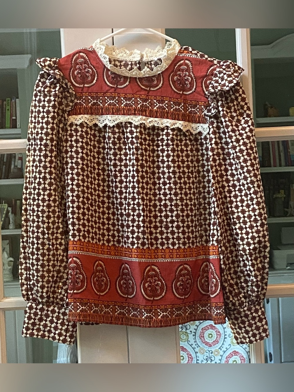 MINE Boho Brown Cream Balloon Sleeve Top Size Small